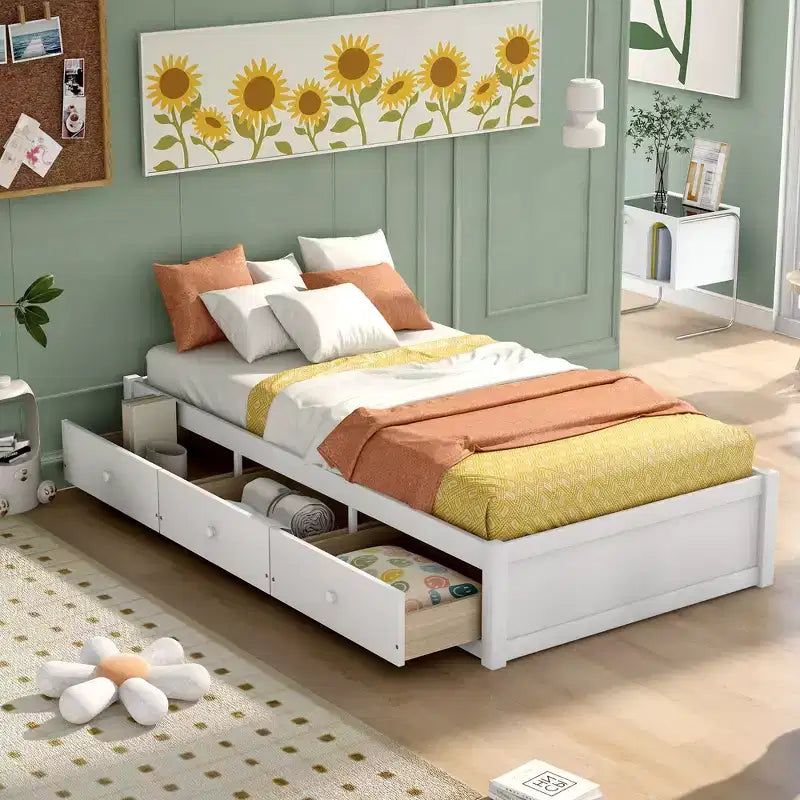 Letto a piattaforma singolo con 3 cassetti, Legno massello di pino