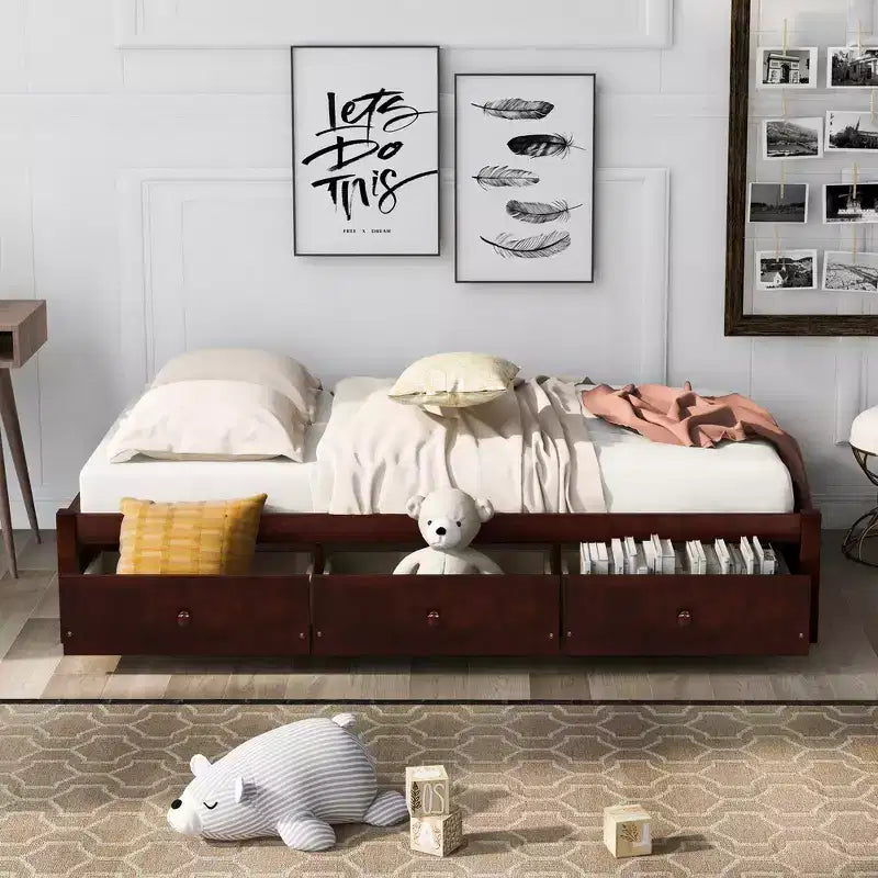 Letto a piattaforma singolo con 3 cassetti, Legno massello di pino