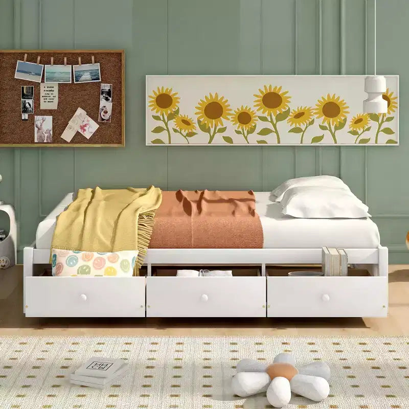 Letto a piattaforma singolo con 3 cassetti, Legno massello di pino