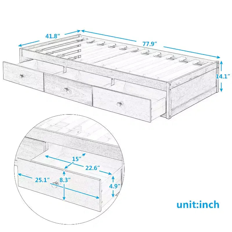 Letto a piattaforma singolo con 3 cassetti, Legno massello di pino