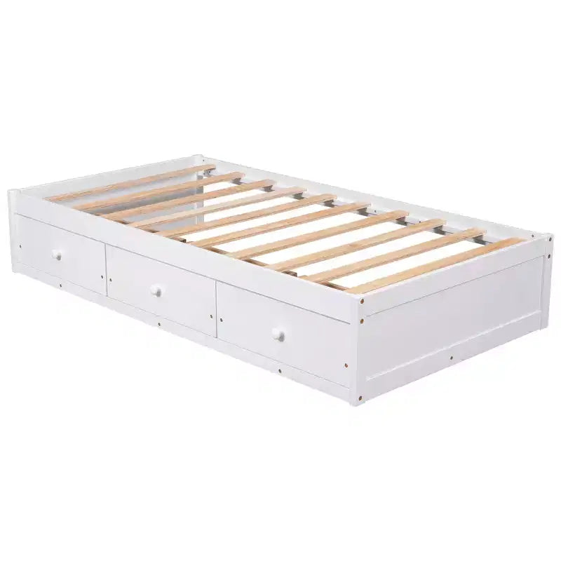 Letto a piattaforma singolo con 3 cassetti, Legno massello di pino