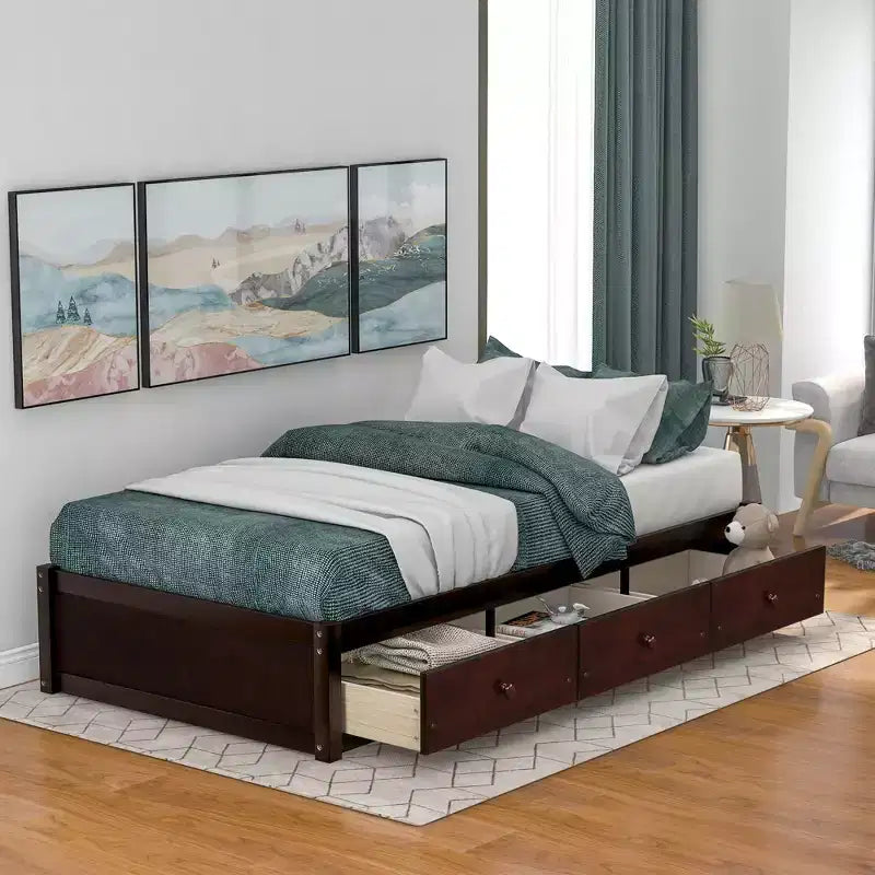 Letto a piattaforma singolo con 3 cassetti, Legno massello di pino