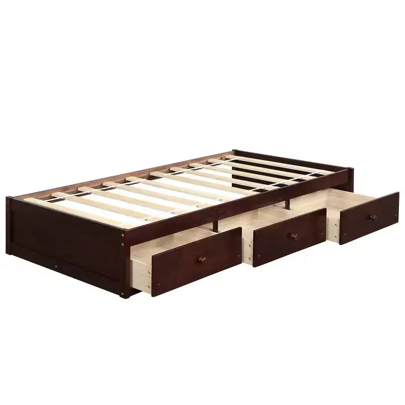 Letto a piattaforma singolo con 3 cassetti, Legno massello di pino