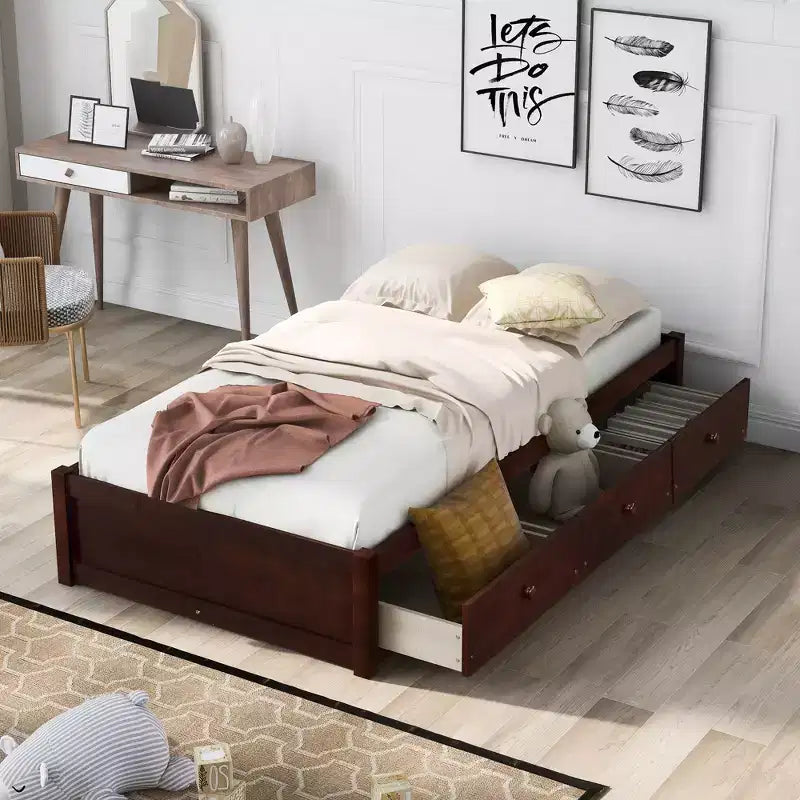 Twin Size Platform Bed, Wooden Storage Bed Frame with 3 Drawers -ModernLuxe