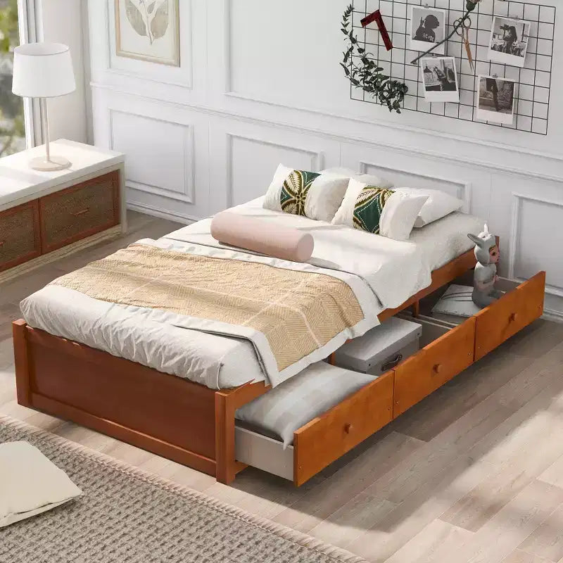 Letto a piattaforma singolo con 3 cassetti, Legno massello di pino