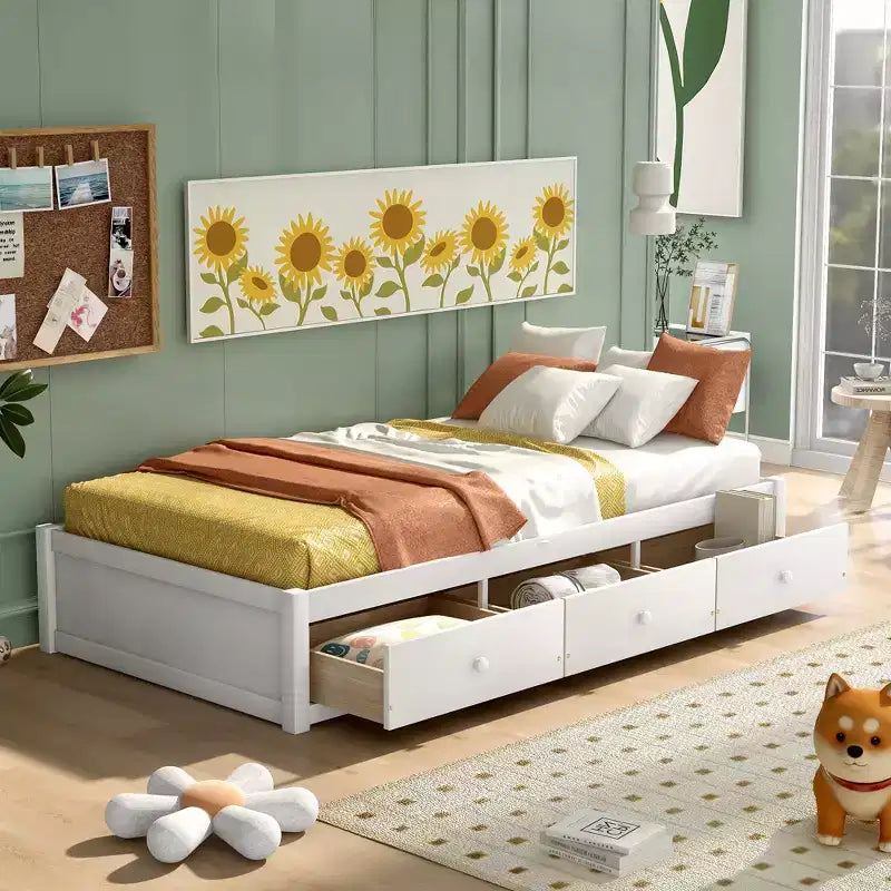 Letto a piattaforma singolo con 3 cassetti, Legno massello di pino