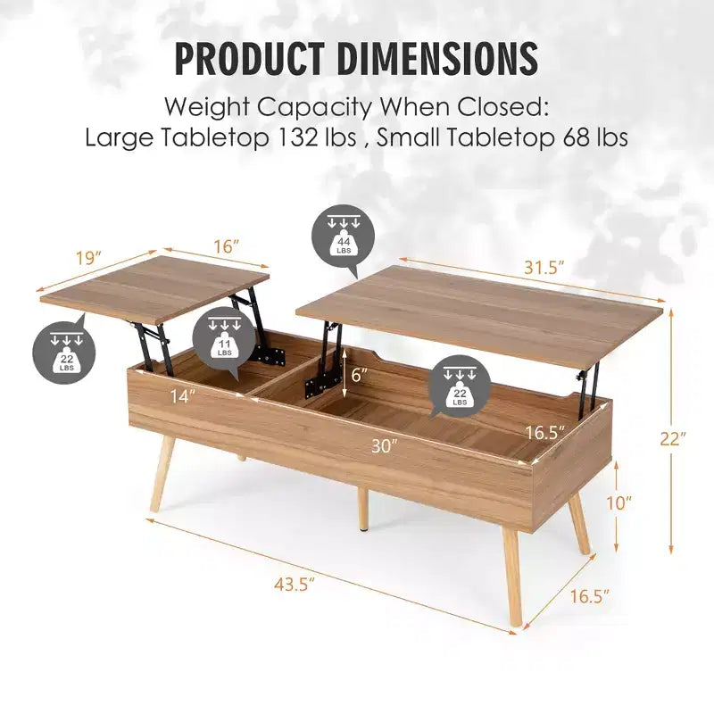 Tavolino da salotto con piano sollevabile da 47" e vani nascosti